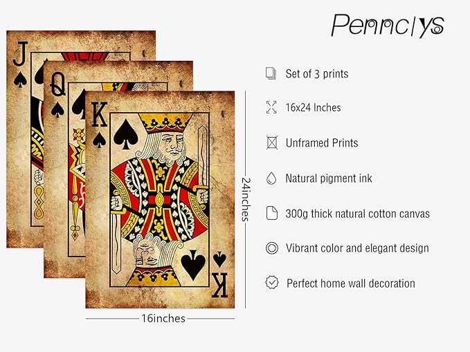 Playing Card Wall Art Poster Vintage Poker Canvas Wall Decor Retro Game Room Art Picture Joker King Queen Poster Trendy Retro Prints Vintage Poker Painting Artwork for Bedroom 16x24 Inch Unframed 3Pcs