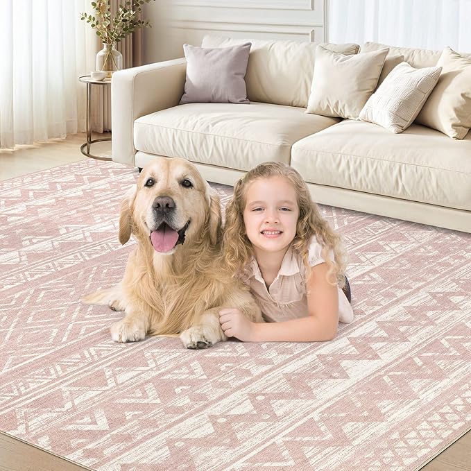 cotiled 5x7 Area Rug Living Room: Washable Boho Rugs with Non Slip Backing Large Soft Indoor Stain Resistant Carpet for Bedroom Farmhouse Dining Room Lightweight Home Decor Lotus Pink