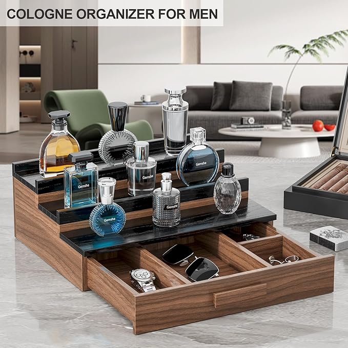 Solid Walnut Cologne Organizer for Men,Cologne Stand,3 Tier Wooden Cologne Holder Shelf Display,Perfume Stand Organizer with Drawer Storage and Hidden Compartment,Gift for Men Dad Husband