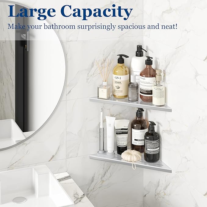 Qeke Corner Shower Shelves, 10” Recessed Tile Shower Shelf, 304 Stainless Steel Grout in Corner Tile Shower Shelves, No Drilling, Brushed Nickel, 2 Pack