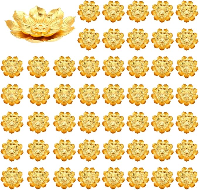 Kifmurase 50Pcs Incense Holder with Stick Tray, Gold Lotus Sticks Incense Burner, Cone Burner Ash Collector for Home Fragrance Yoga Sauna SPA, Anti Ash Spilling