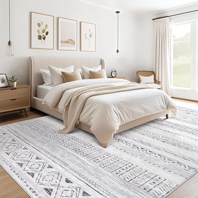 cotiled 8x10 Area Rug Living Room: Washable Boho Rugs with Non Slip Backing Large Soft Indoor Stain Resistant Carpet for Bedroom Farmhouse Dining Room Lightweight Home Decor Dark Grey