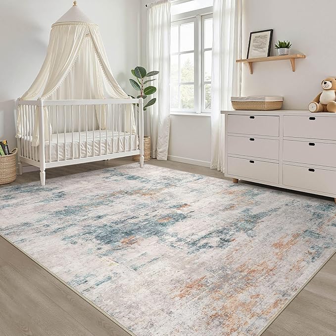6x9 Area Rugs Living Room: Washable Large Neutral Aqua Brown Rug Abstract Soft Modern Stain Resistant Indoor Floor Non-Slip Carpet for Bedroom Nursery Kids Office Playroom Dining Room Under Table