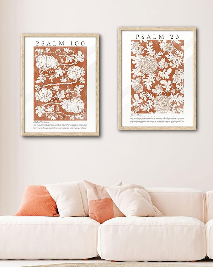 EcoHest Christian Bible Verse Framed Wall Art, Large 16x20 in OAK Wood A Psalm of David Canvas Wall Art, Psalm 23 Orange Faith Home Decor, Thanksgiving Scripture Set of 1 for Bedroom Living Room