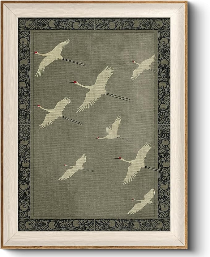 VIYYIEA Framed Wall Art for Living Room, Cranes Canvas Prints, Vintage Home Decor, Animals Painting Picture, Bathroom Wall Decor Gifts for Friends or Family -【Flying Cranes】-(16L x 12W)
