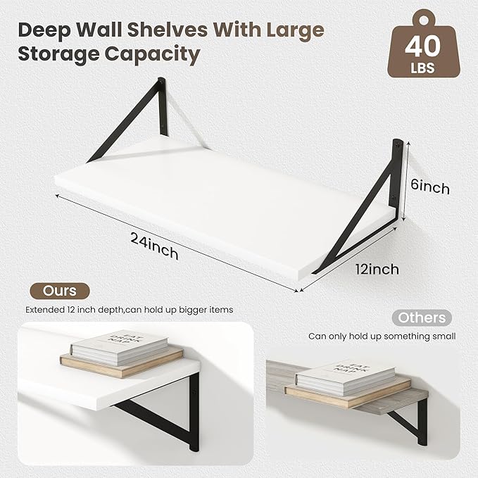 Marsmiles White Floating Shelves for Wall - 24 Inch Wide x 12 Inch Deep Wall Shelves Set of 2 - Wood Floating Shelves for Living Room Bedroom Bathroom