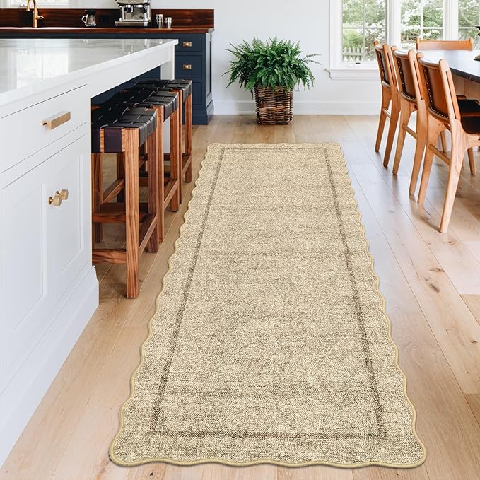 GarveeHome Scalloped Washable Runner Rug 2x6 Runner Modern Kitchen Runner Rug Non Slip Farmhouse Entryway Rug Soft Bathroom Rugs Stain Resistant Carpet for Laundry Bedroom 2 ft x6 ft Jute