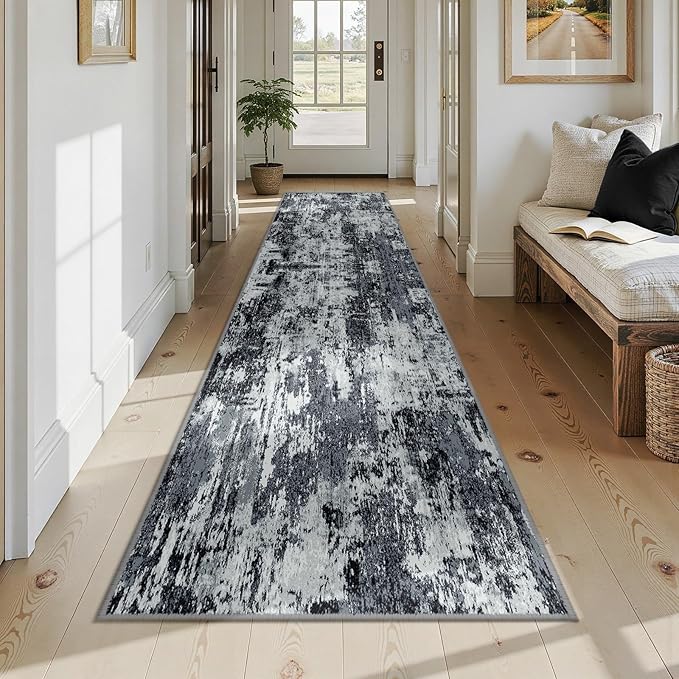 RELEANY Washable Area Rugs 2'6"x12 Non-Slip Modern Abstract Soft for Living Room Entryway Bedroom Nursery, Print Pattern, Black Navy Blue Gray
