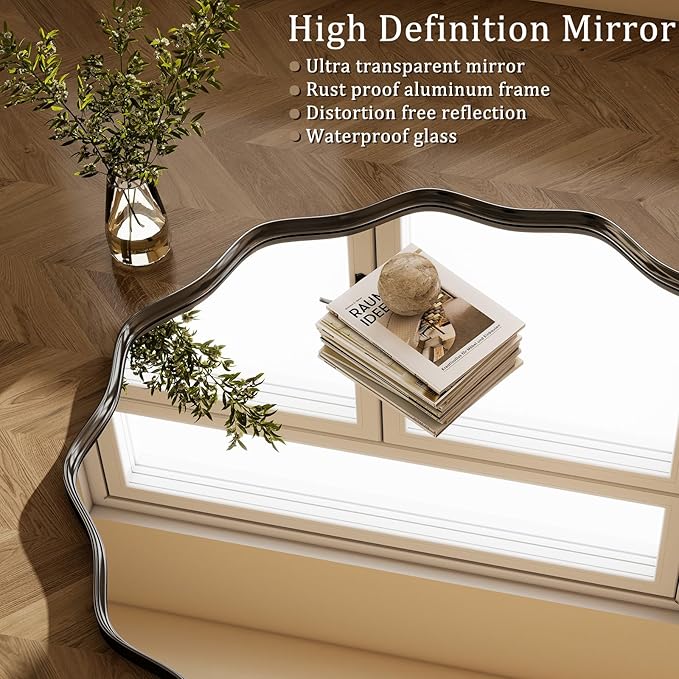 Round Wavy Mirror 20 Inch Bathroom Vanity Mirror Metal Frame Circle Wall Mounted Mirror for Bedroom Living Room Entryway Black