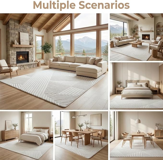 8x10 Solid Color Area Rug, Washable Beige Modern Geometric Living Room Rug,Minimalist Linear Carpet with Soft High-Low Pile, Fluffy Floor Rugs for Bedroom, Kids Room, Nursery, Home Déco