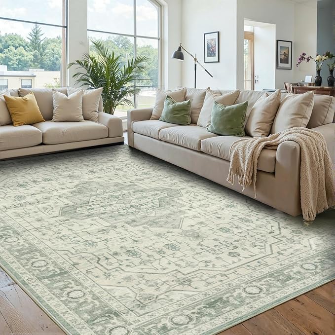 Rugxara 6x9 Washable Area Rug for Living Room, Vintage Large Boho Rugs for Office, Dining Room, Kids Room, Farmhouse, Durable Low Pile Non Slip Carpet for High Traffic Areas, Sage Green