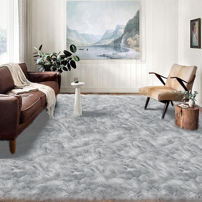 Latepis Grey Faux Fur 8'10"x11'10" Area Rug, Soft Plush Faux Fur Sheepskin Rugs for Living Room, Washable Fluffy Fuzzy Rug for Bedroom and Living Room, Luxury Room Decor, Rectangle