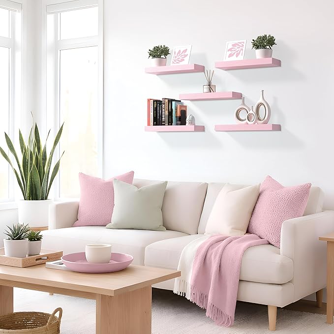 Sorbus Floating Shelves for Wall – 16 Inch Floating Shelf for Kitchen, Bedroom, Living Room, Bathroom, Home & Wall Decor - Mounted Bathroom Shelves with Invisible Brackets (Soft Pink, 4 Pack)