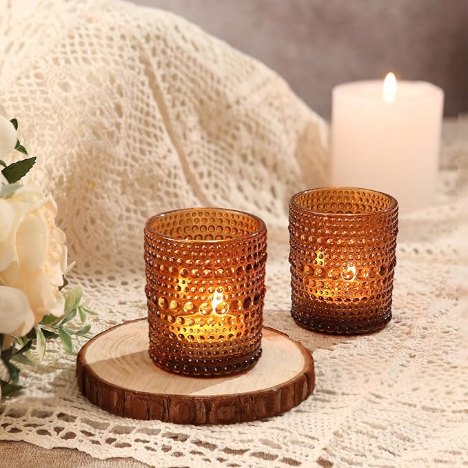 24pcs Amber Votive Candle Holders for Table, 2x2.5in Vintage Glass Small Tea Light Candles Holders for Home Decor, Tealight Candle Holder Decor for Wedding Centerpieces Baby Shower