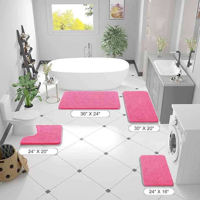OLANLY Bathroom Runner Rugs 59x20, Soft Absorbent Chenille Bath Rugs, Rubber Backing Quick Dry, Machine Washable Long Bath Mats for Bathroom Floor, Tub and Shower, Home Decor Accessories, Hot Pink