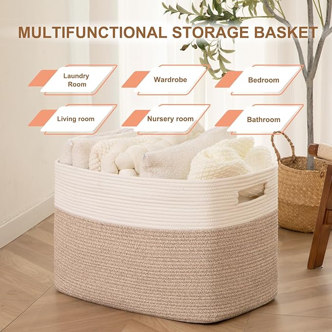 96L XL Large Cotton Rope Basket, Soft Toy Storage Bin for Nursery & Living Room, Decorative Blanket Basket for Bedroom, Baby-Safe Organizer for Pillows &Laundry, 24''×16''×15'', Brown & White