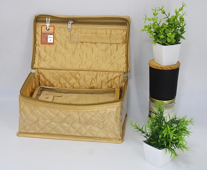atorakushon Satin Makeup Kit Travel Jewelry Organizer Locker Box Pouches Clutch Bag for Necklaces Earrings Rings and Bracelets Golden Color