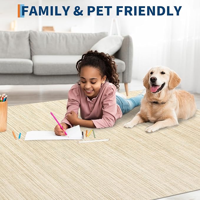 5x7 Washable Rugs Non Slip Minimalist Area Rug for Bedroom Soft Low Pile Solid Color Large Bedroom Throw Carpet Stain Resistant Classic Neutral Area Rug Plain Boho Rugs for Kitchen Nursery, Beige
