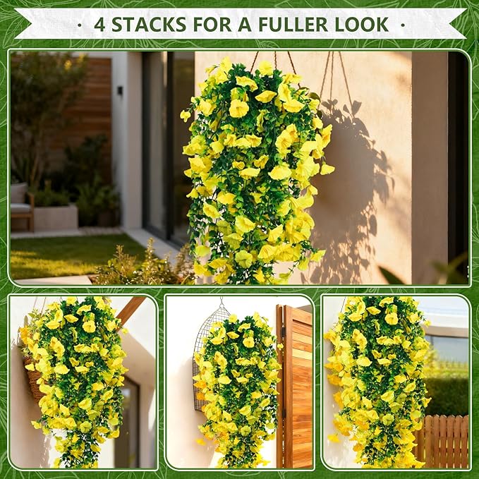 4-Pack Fake Hanging Plants, Faux Hanging Plant Artificial Greenery for Living Room Bedroom Boho Wall Shelf Indoor Outdoor Decor (Yellow Morning Glory)