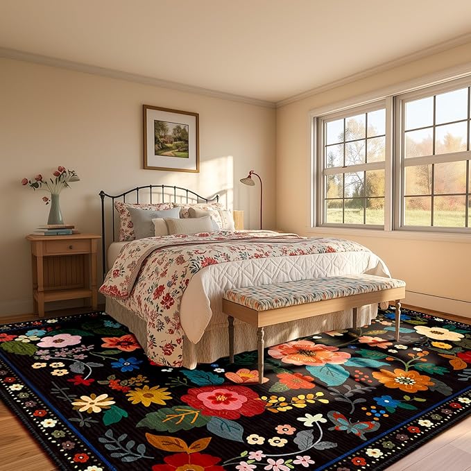 RELEANY Floral Nursery 8x10 Area Rugs Washable Print Boho Cute Carpet Non Slip Flower Low Pile for Living Room Kids Girls Playroom Bedroom Kitchen Office Farmhouse-Black