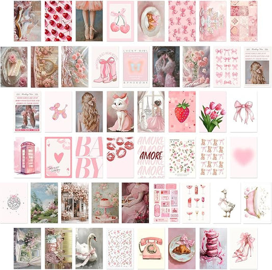 KBKBART 50Pcs Pink Coquette Room Decor Aesthetic Pictures, Pink Posters Coquette Room Decor, 4"x6" Wall Collage Kit for Teen Girls Dorm Bedroom, Cute Pictures Trendy Wall Art Prints