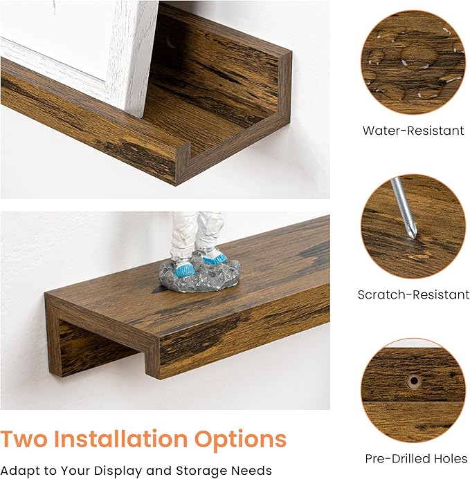 RICHFOCUS Picture Ledge Shelf, 30 inch Floating Shelves Set of 2, Wood Wall Shelves with Lip, Wall Decor Storage for Bedroom Living Room Bathroom Kitchen Nursery Photo Picture, Rustic Brown