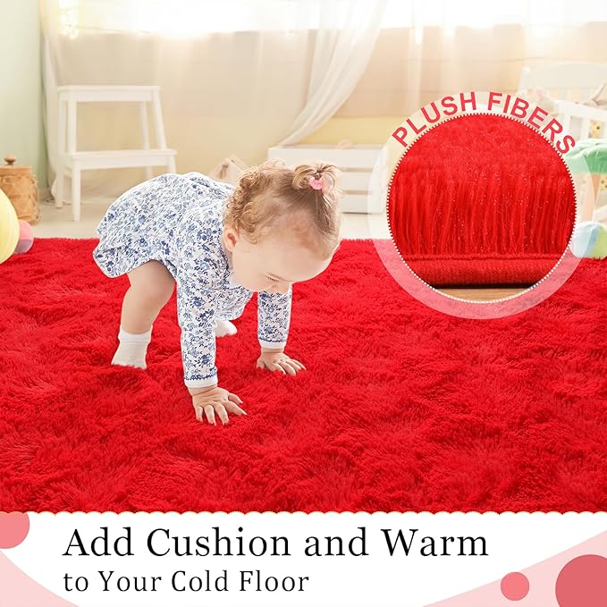 BENRON Fluffy Rugs for Living Room 6x9 Red, Washable Large Area Rugs for Bedroom Dining Table Office Kids Nursery Room, Washable Indoor Floor Carpets