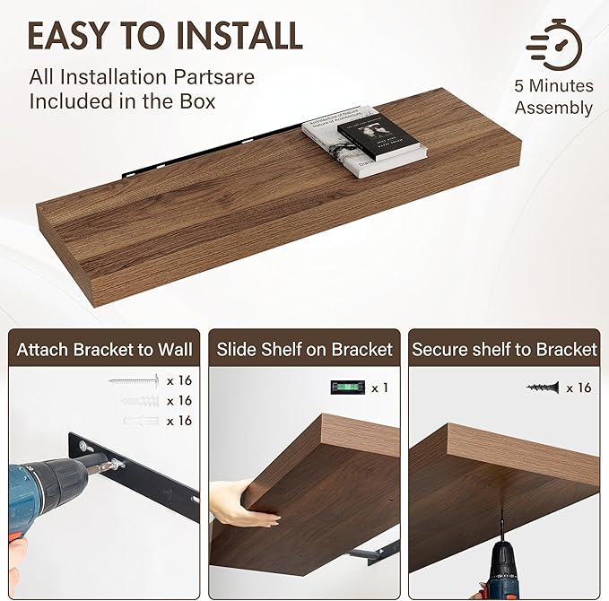 Acovy 40 Inch Floating Shelves, 12" Deep Floating Shelf Wall Mounted, 40" Wall Shelves, Rustic Deep Bookshelf, Extra Deeper & Thicker Display Shelves for Bedroom, Living Room, Walnut, Set of 2