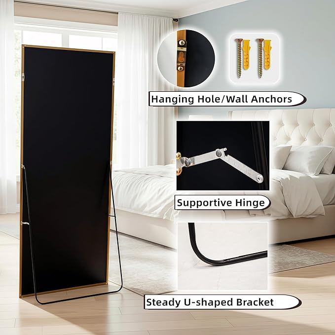 Full Length Mirror 71"x30"Rectangle with Stand Aluminum Alloy Frame Wall Mountable Tempered Glass Full Body Mirror, Standing Hanging or Leaning Against Wall for Bedroom and Living Room Gold