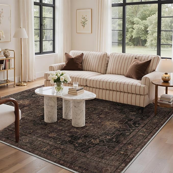 GENIMO 9x12 Area Rugs for Living Room, Machine Washable Rug, Non Slip Indoor Vintage Rug, Low Pile Lightweight Chenille Print Carpet for Bedroom Dining Room Home Office, Charcoal Brown