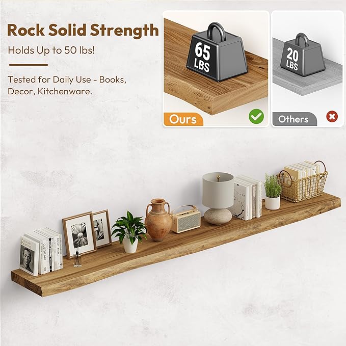 Vivelove Live Edge Floating Shelves Solid Wood, Elm Shelves for Wall with Invisible Bracket for Living Room Bedroom Bathroom Office Book, Rustic Farmhouse Wooden Shelf, 72 Inch Set of 1- Natural
