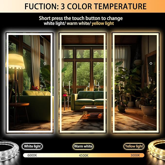 Hasipu Full Length Mirror with Lights, 95" x 40" LED Lighted Floor Standing, Full Body Dressing Hanging Mounted Mirror, Tempered Glass, Square Black