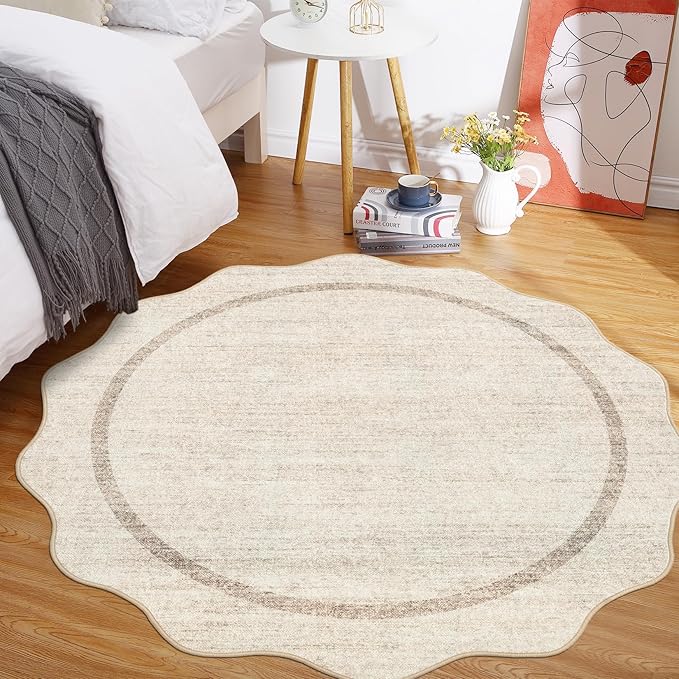 GarveeHome Scalloped Round Rugs 6 ft Washable Area Rug for Playroom, Kids Non-Slip Neutral Classic Circle Rug Modern Large Carpet Soft Boys Rug for Classroom Dorm Bedroom, Beige
