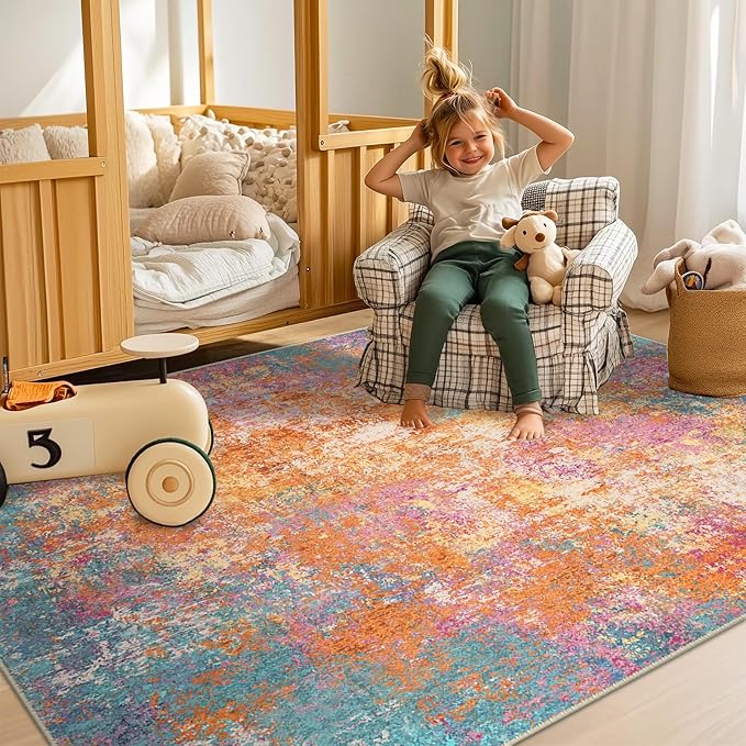 RELEANY Washable Area Rugs Square 8ft Non-Slip Modern Abstract Soft for Living Room Entryway Bedroom Nursery, Print Pattern, Orange Blue Pink Yellow Colorful