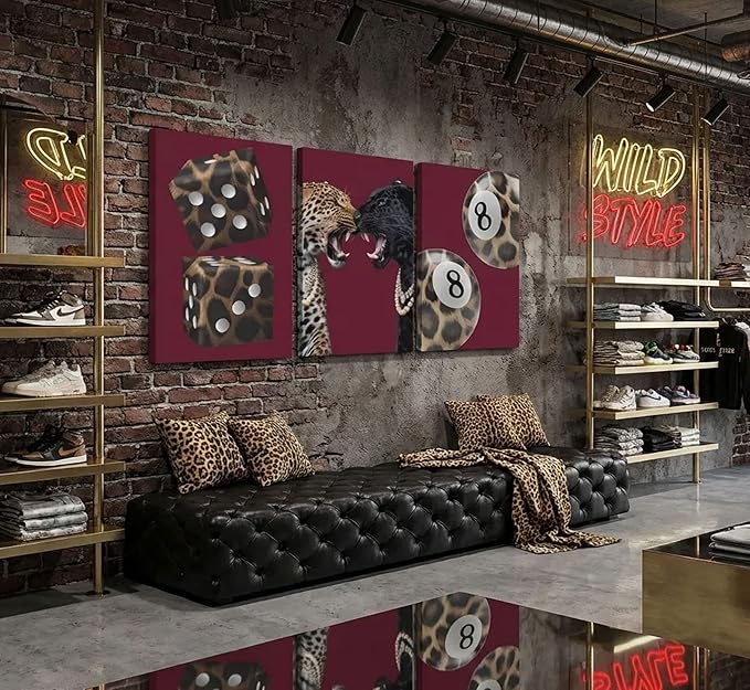3Pcs Trendy Leopard Canvas Wall Art Funky Lucky 8 Ball Pictures Wall Decor Eclectic Cheetah Preppy Aesthetic Posters Prints Paintings for Bedroom Dorm Living Bathroom Decoration Prepare To Hang
