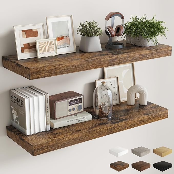 Fun Memories 12 Inch Deep Floating Shelves, 40 x 12 Floating Shelves for Wall Set of 2, Extra Deeper Hanging Wood Wall Shelves for Bedroom, Living Room, Kitchen, Rustin Brown