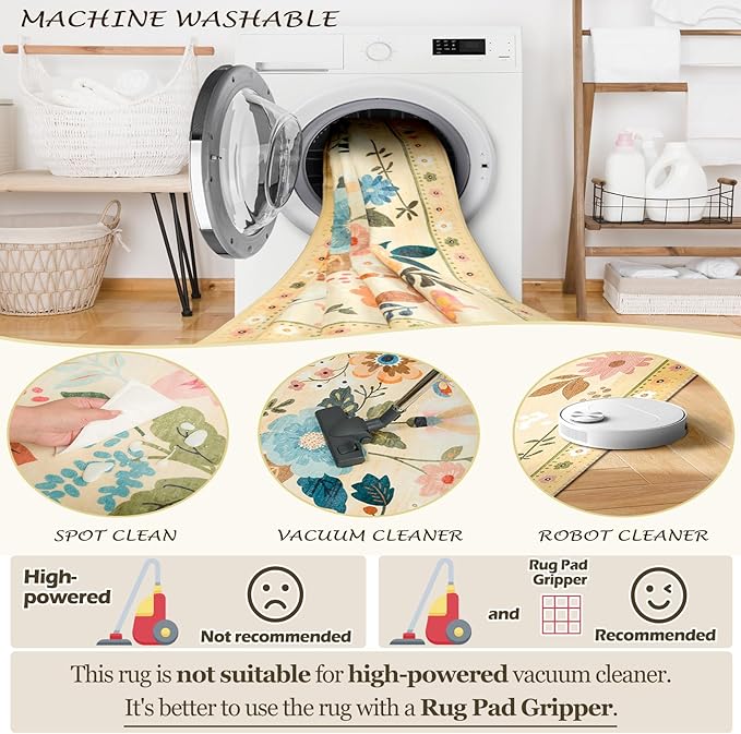 RELEANY Floral Nursery 5x7 Area Rugs Washable Print Boho Cute Carpet Non Slip Flower Low Pile for Living Room Kids Girls Playroom Bedroom Kitchen Office Farmhouse-Ivory/Yellow