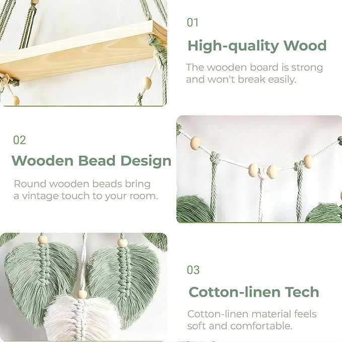 Wooden Floating Shelves for Room Wall, Hanging Storage Organizer, Boho Wall Decor, Plant Shelf for Bathroom, Bedroom, Office, Kitchen, Living Room, Dorm (Green, 2 PCS)