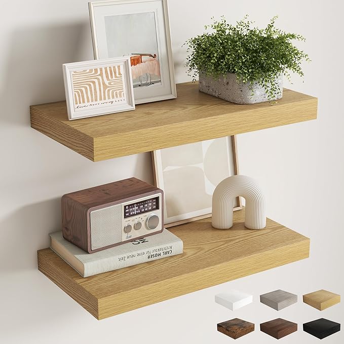 12 Inch Deep Floating Shelves for Wall, 24 x 12 Rustic Wood Grain Bathroom Shelves with Invisible Brackets, Easy Install Wood Storage Shelves for Kitchen, Living Room, Bedroom, Oak, Set of 2