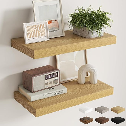 12 Inch Deep Floating Shelves for Wall, 24 x 12 Rustic Wood Grain Bathroom Shelves with Invisible Brackets, Easy Install Wood Storage Shelves for Kitchen, Living Room, Bedroom, Oak, Set of 2
