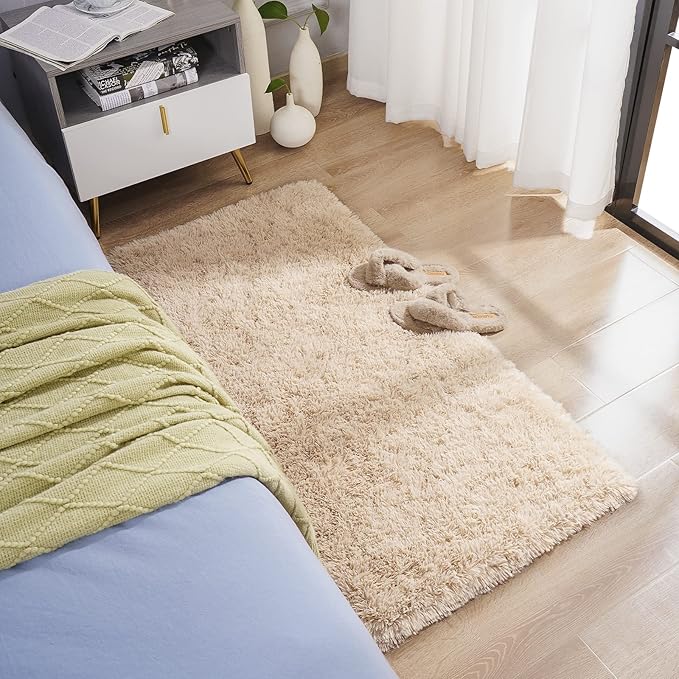 BENRON Fluffy Runner Rugs 2x4, Soft Long Runners for Bedroom Hallyway Entryway Kitchen, Washable Fuzzy Throw Rug for Kids Girls Room Decor Photo Prop, Light Tan