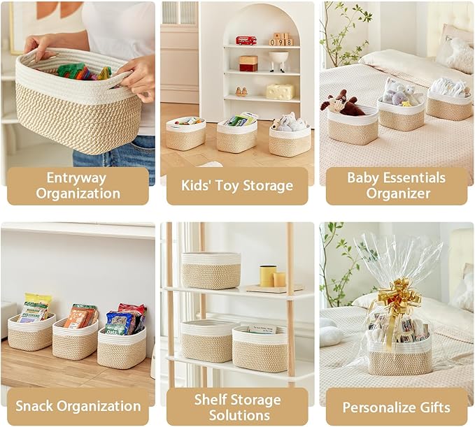 R RUNKA Small Cotton Rope Basket – Storage Bin for Organizing (10.6" x 6.7" x 6.7"), Bathroom Storage Basket for Shelf, Counter & Closet（White & Mixed Camel）