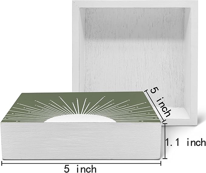 SRADMO Abstract Boho Green Sun Sunrise Sunset Sunshine Sunray Rustic Wood Box Sign Desk Decor，Boho Mid Century Modern Art Wooden Block Box Sign Decoration for Home Office Wall Shelf Table Decor