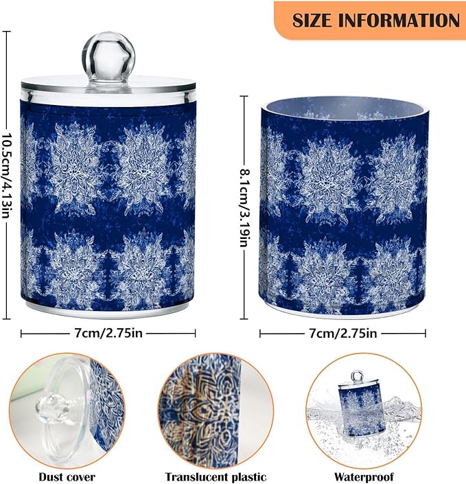2 Pack Apothecary Jars Blue Snowflake Textile Design Bathroom Vanity Storage Organizer Set,Small Clear Plastic Storage Jars Bathroom Canister for Cotton Swabs, Rounds, Balls, Qtips,Makeup Spong