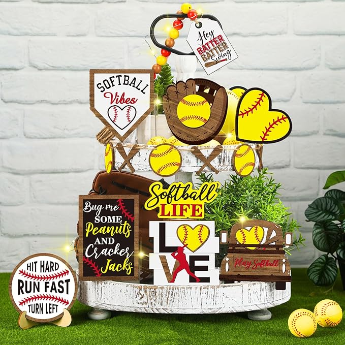 FairySandy 13 Pcs Softball Tiered Tray Decor Birthday Decorations Softball Wooden Table Decor Rustic Sport Game Sign for Fans Theme Supplies