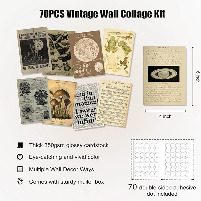 KBKBART Vintage Wall Collage Kit Aesthetic Pictures, 70pcs Retro Cottagecore Room Decor, Cute Photo Collage Posters for Room Aesthetic, Vintage Botanical Posters 4"x6" for Dorm, Bedroom, Teen, Girls