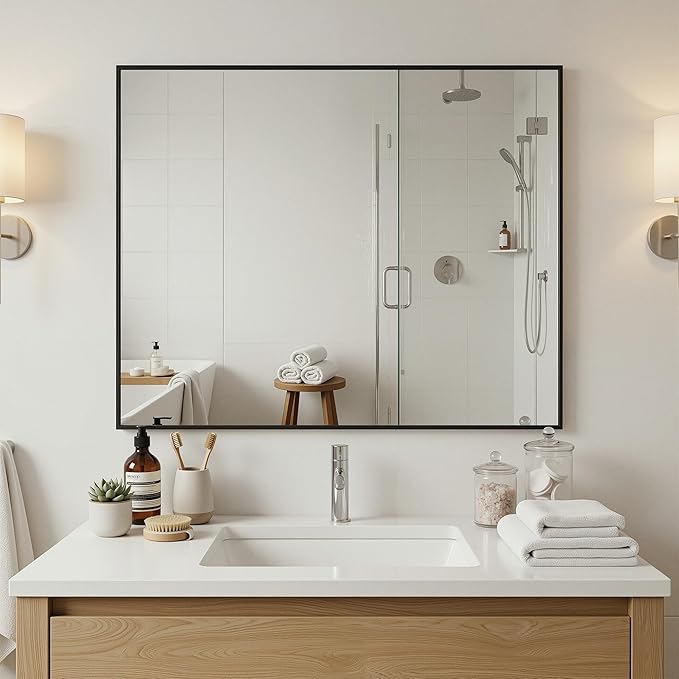 Antok 30x36 Black Metal Framed Bathroom Mirror, Wall Mirror with Rect Corners, Vanity Mirror for Over Sink, Anti-Rust Tempered Glass, Horizontal/Vertical Hanging for Bathroom, Living Room, Entryway