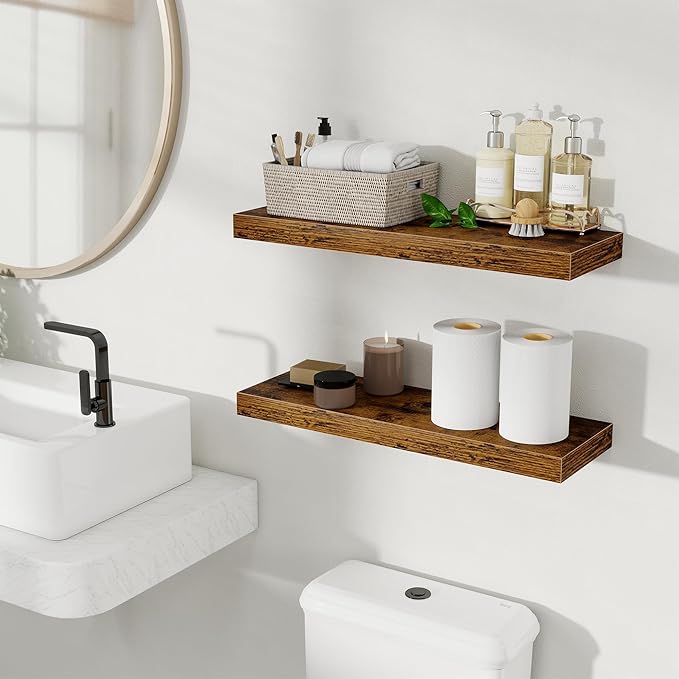 Fun Memories Floating Shelves for Wall, Rustic Wood Wall Mounted Shelves for Bathroom, Bedroom, Living Room and Kitchen, Storage & Home Decor (Set of 2, Brown, 24 in)