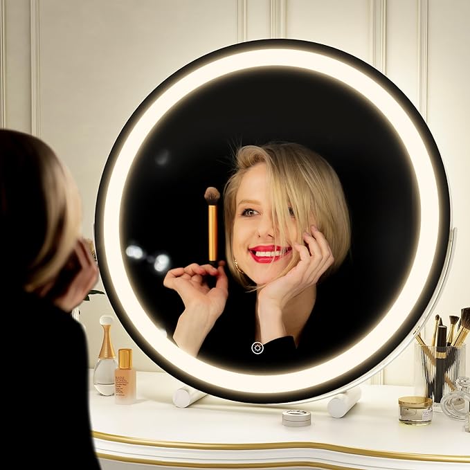 ROLOVE Makeup Mirror with Lights, 18 Inch Vanity Mirror with Lights, Lighted Makeup Mirror, Smart Touch Control Round Lighted Vanity Mirror, Tabletop ＆ Desk Mirror, Gifts for Women, Wife, Mom, Girls
