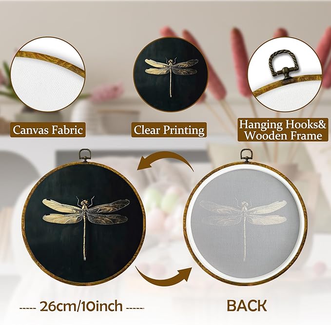 Mcehtle Moody Dragonfly Wall Art Decor, Vintage Dark Academia Insect Framed Canvas Prints 10x10, Cottagecore Minimalist Round Wall Hanging Artwork Decorations for Gallery Bedroom Living Room